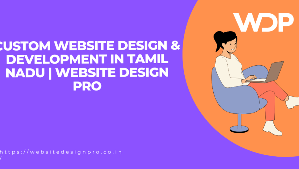 Promotional banner for Website Design Pro services in Tamil Nadu, showing a woman on a laptop against an orange circle with the WDP logo.