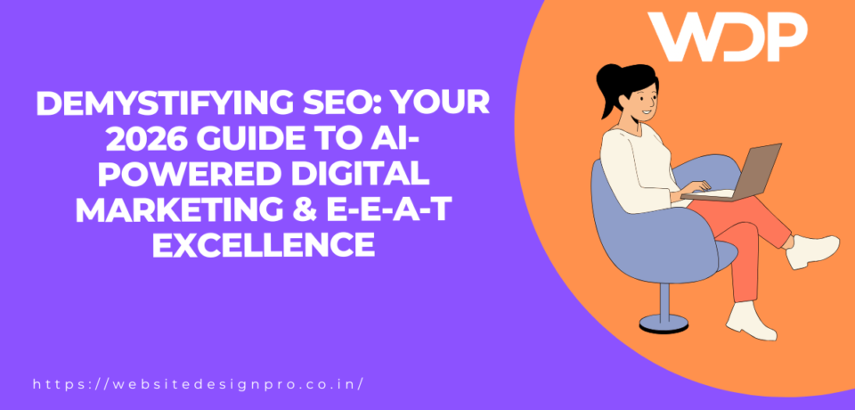 Bold headline about an AI-powered SEO guide; right side shows a woman at a laptop inside an orange circle with the WDP logo.