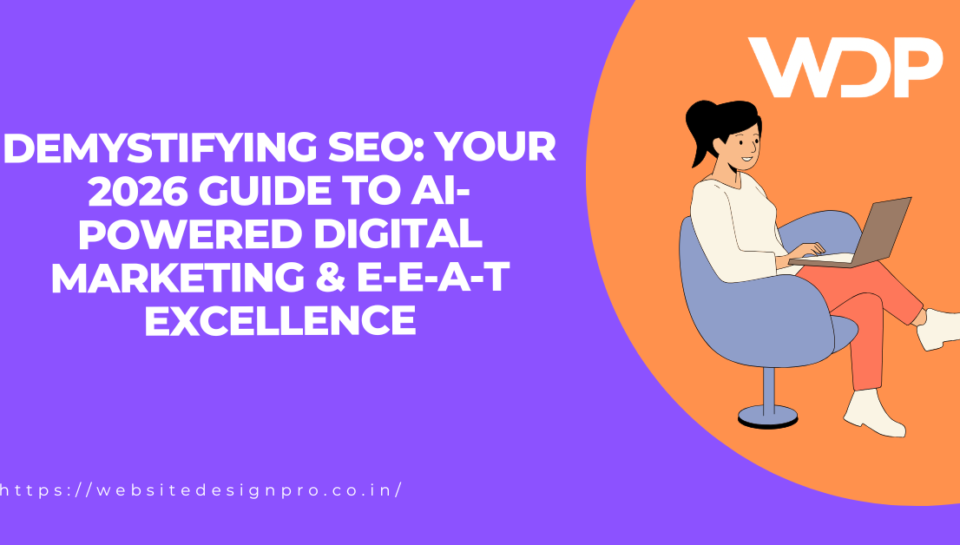 Bold headline about an AI-powered SEO guide; right side shows a woman at a laptop inside an orange circle with the WDP logo.