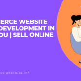 Purple banner promoting e-commerce website design in Tamil Nadu with a woman using a laptop beside a WDP logo on an orange circle.