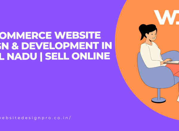 Purple banner promoting e-commerce website design in Tamil Nadu with a woman using a laptop beside a WDP logo on an orange circle.