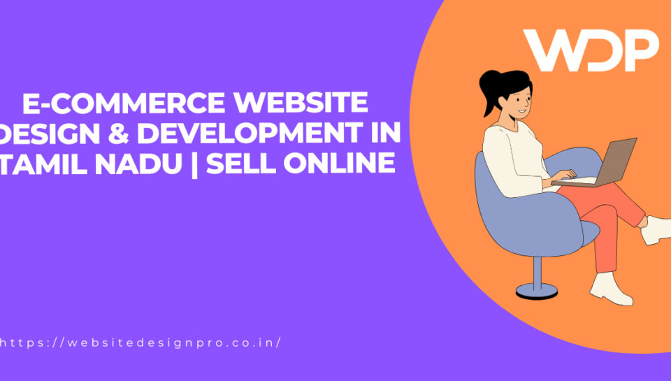 Purple banner promoting e-commerce website design in Tamil Nadu with a woman using a laptop beside a WDP logo on an orange circle.