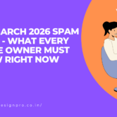 Purple banner announcing Google March 2026 Spam Update; woman at a laptop inside an orange circle with the WDP logo.