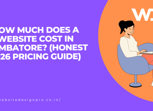 Banner: article title 'How much does a website cost in Coimbatore? (Honest 2026 Pricing Guide)' with a woman on a laptop and the WDP logo on an orange circle edge.