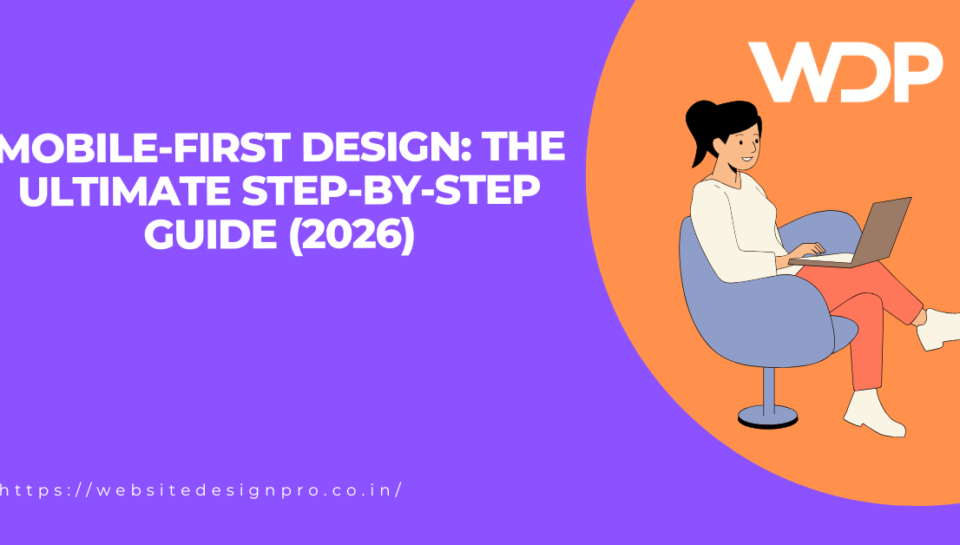 Hero banner: purple background with a bold white headline about Mobile-First Design, and an orange circular area showing a woman using a laptop with the WDP logo.