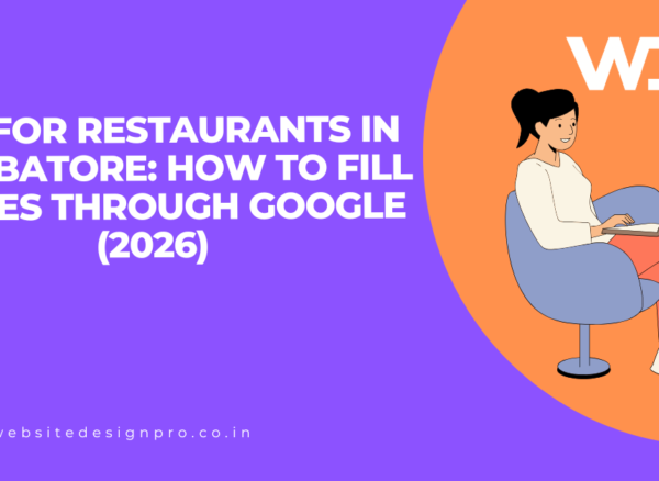 Blog hero describing SEO for restaurants in Coimbatore with a woman on a laptop, purple background, orange arc, and WDP branding.
